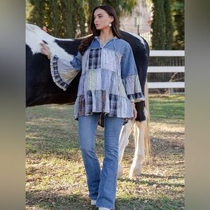 YOUNG THREADS NWT Top Denim Boho Grey Patchwork Size Small - Xlarge